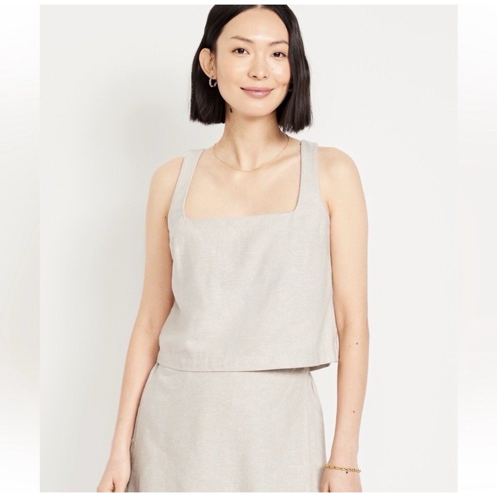 Old Navy Crop Square Neck Linen Blend Tank Top M Neutral Tan Minimalist Beachy